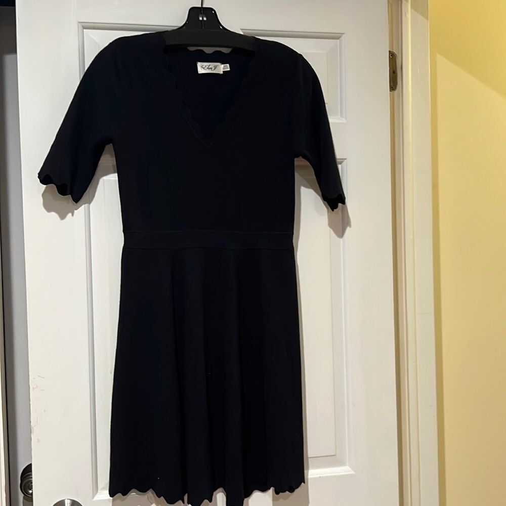 Eliza J short sleeve sweater dress with scallop edging